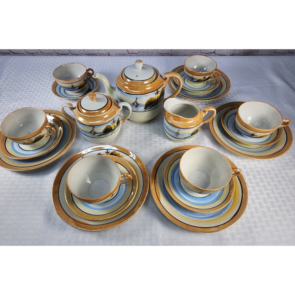 22 Pc Japanese Lusterware Tea Set Teapot Cream Sugar Cups Saucers + Bone China
